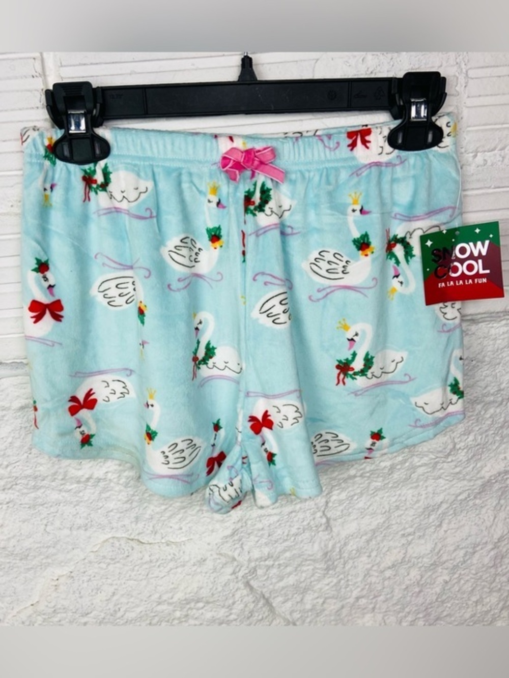 Snow Cool Light Blue Christmas Swan Holiday Fleece plush Shorts size L XL M